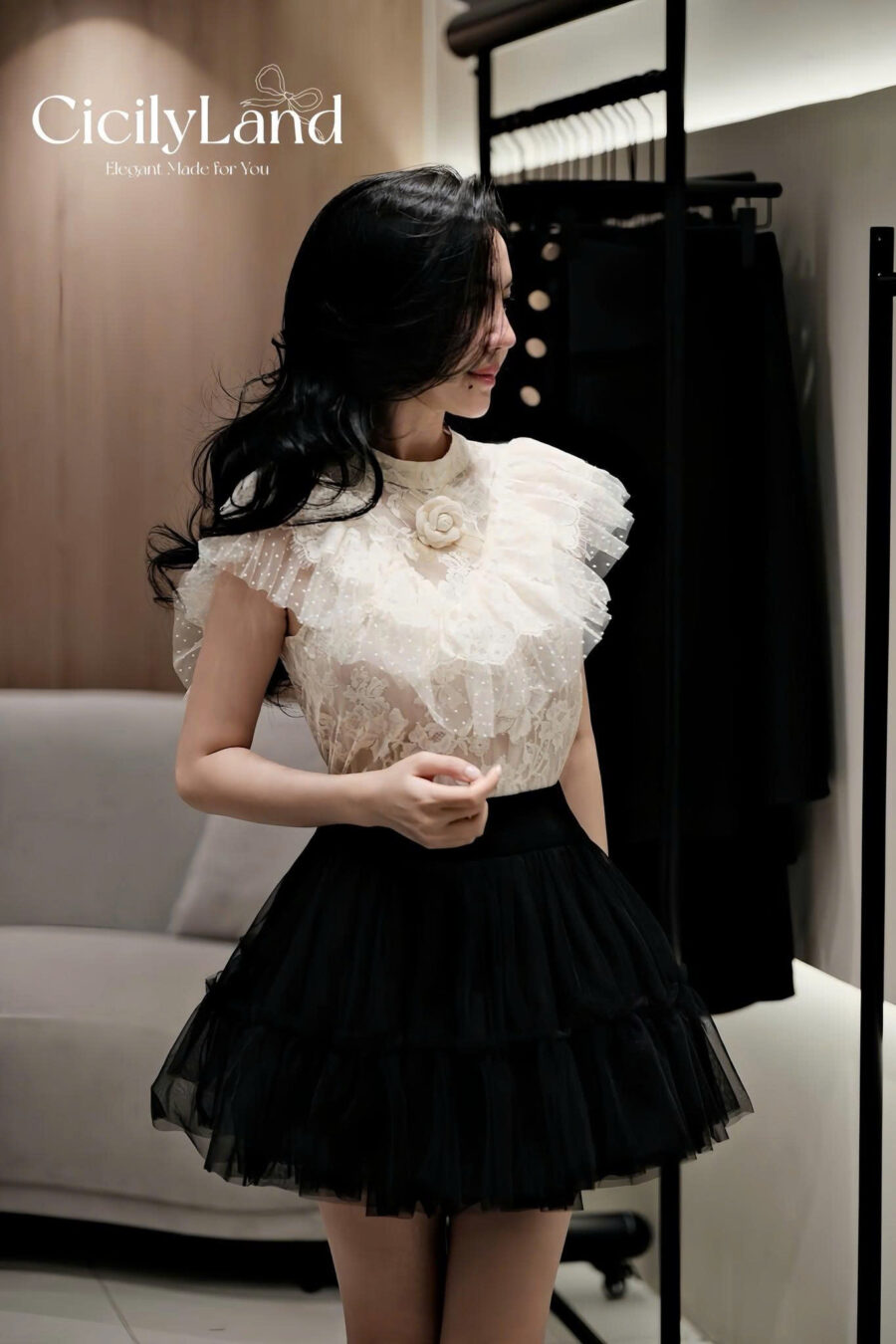 Black Swan Set ren kem phối chân váy tulle đen bồng tầng sang trọng CicilyLand